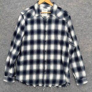 YoungLA Western Snap Flannel Shirt Mens XL‎ Blue Plaid Distressed Hem Raw Cut